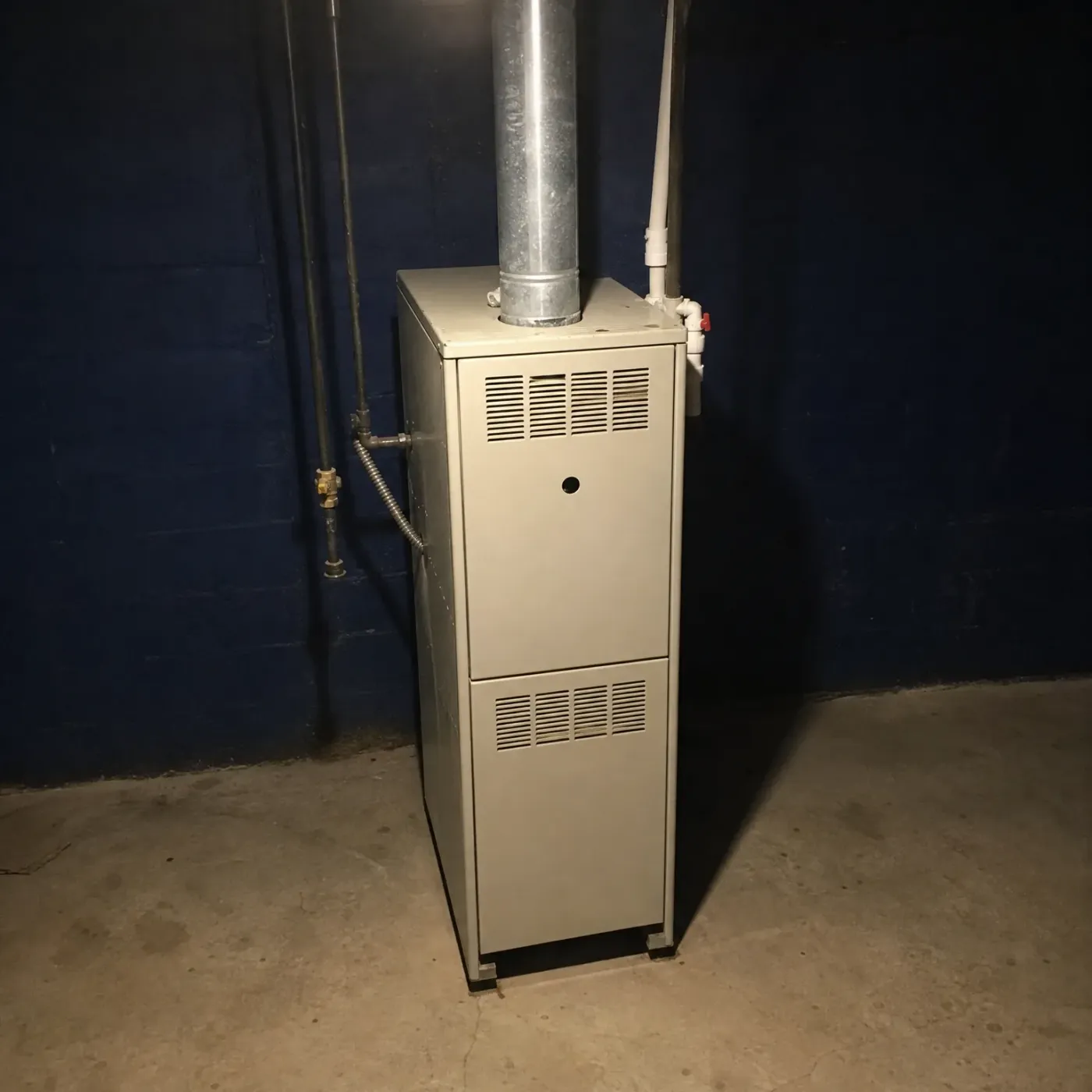 A beige sheet-metal furnace with louvered panels stands against a blue-painted concrete block basement wall, with a metal flue pipe rising from its top and pipes along the wall.