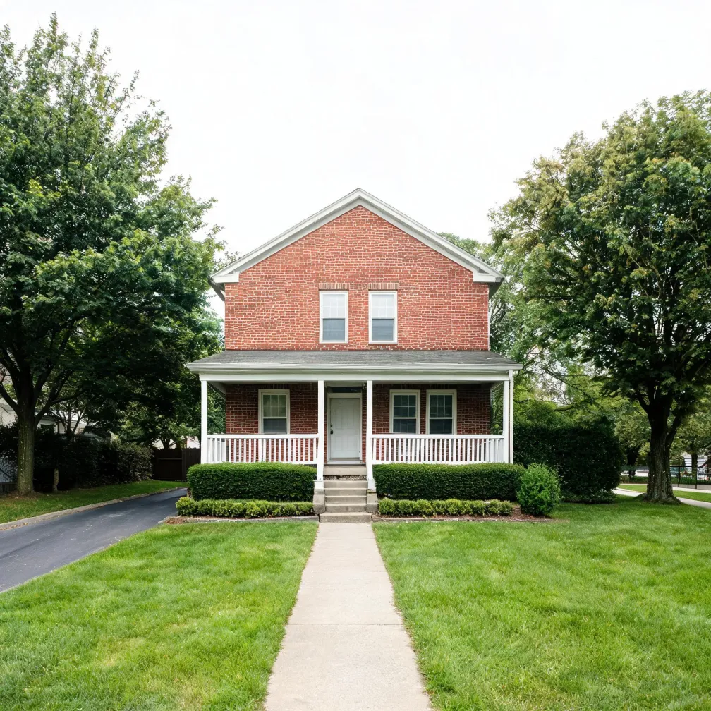 A two-story red brick house with a white covered porch, gabled roof, and two upper windows, set behind a mown lawn with a straight concrete walkway, trimmed hedges, and large green trees on both sides.