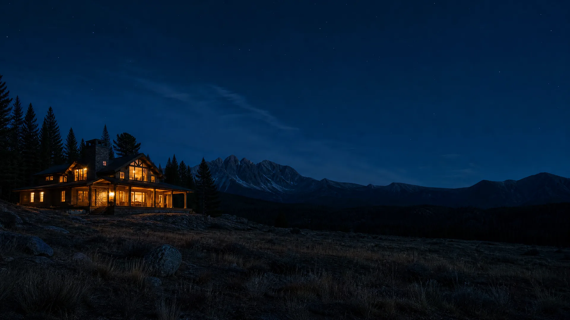 A two-story house with lit windows and a covered porch sits on a grassy ridge at night, backed by conifers, with a snow-dusted mountain range and dark blue sky in the distance.
