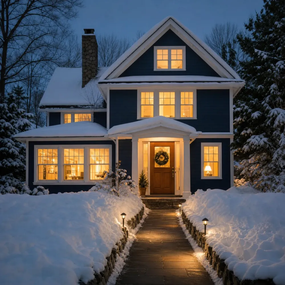 A two-story dark navy house with white trim and lit windows at dusk, with a wreath on the wooden front door, deep snow on the roof and yard, and a shoveled stone walkway lined with small path lights.