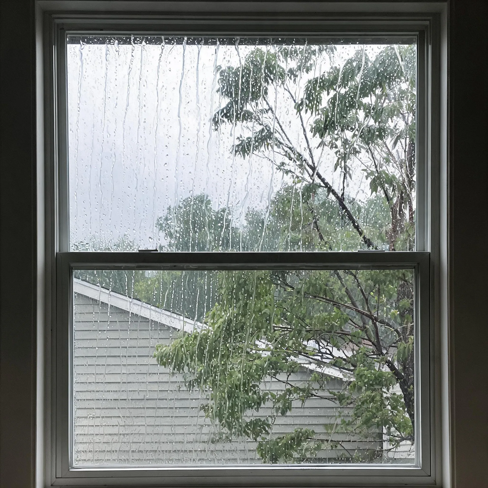 View through a rain-streaked double-hung window of a neighboring house with light horizontal siding and a sloped roof, surrounded by green leafy tree branches under an overcast sky.