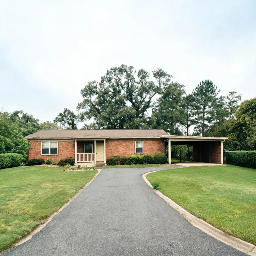 A single-story red brick ranch house with a shingled roof, small covered front porch, attached carport at right, and an asphalt driveway curving through a mowed lawn, with large deciduous trees behind under an overcast sky.