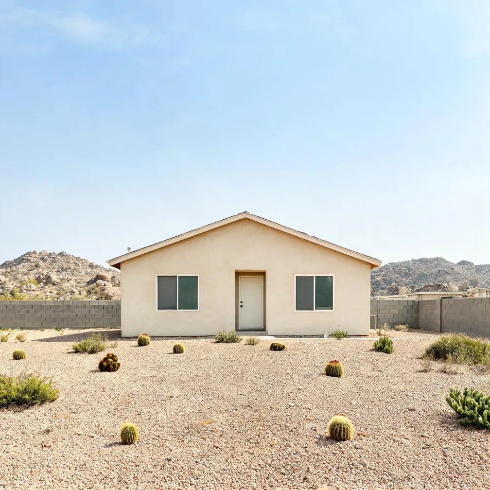 A single-story beige stucco house with a gabled roof, central white door and two windows, behind a gravel desert yard with barrel cacti and low shrubs, with a concrete block wall and rocky hills in the background.