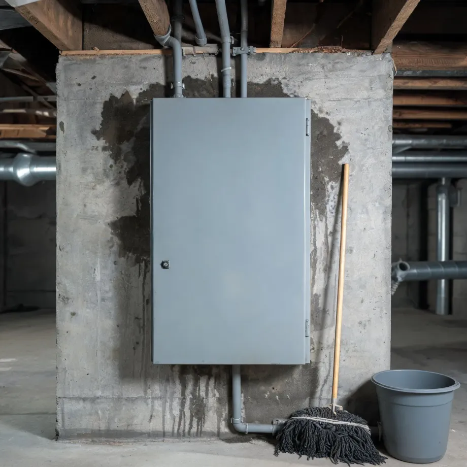 A gray metal electrical enclosure mounted on a water-stained concrete basement wall, with PVC pipes and wooden joists overhead and a mop and gray bucket on the floor to the right.