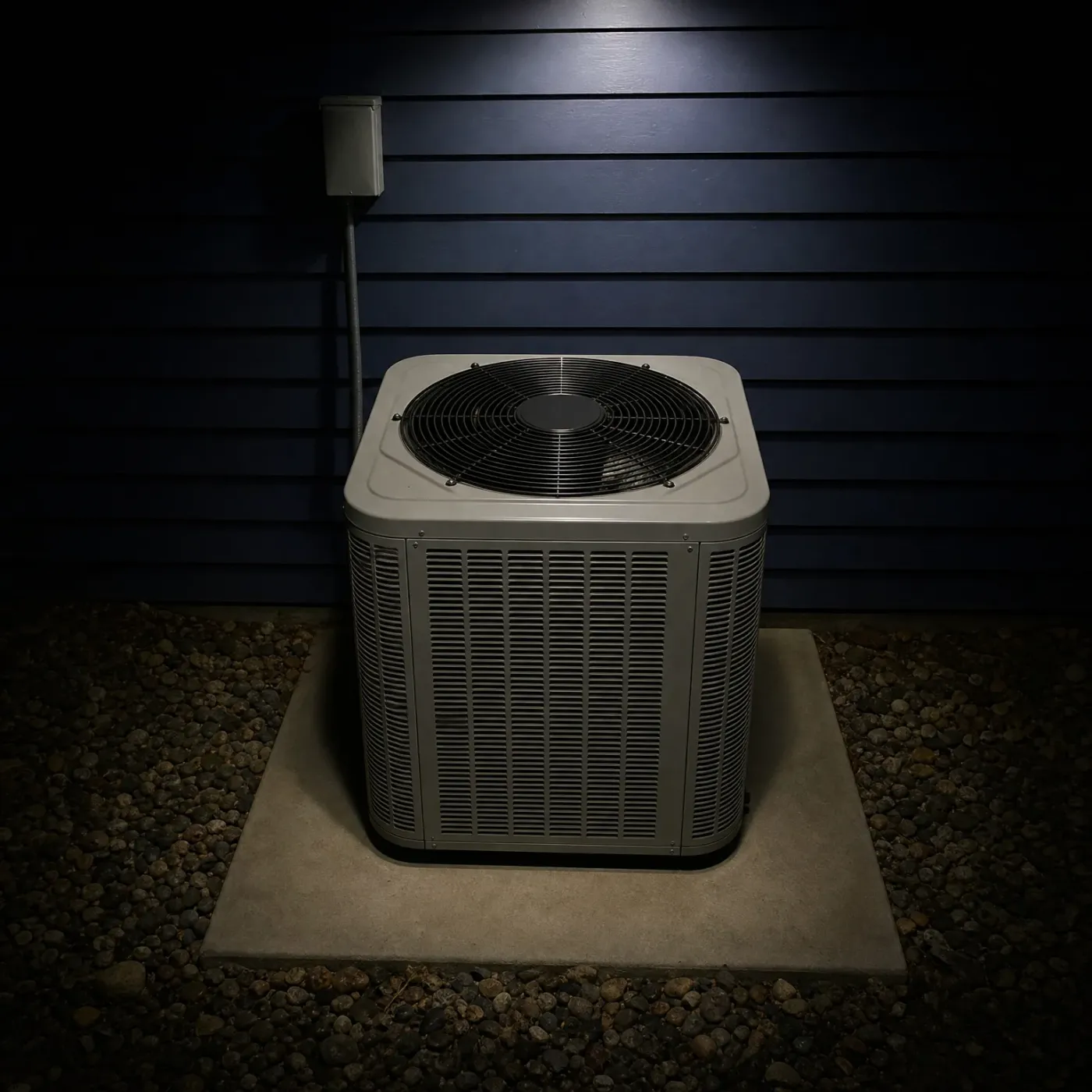 An outdoor air conditioning condenser unit with a top-mounted fan grille sits on a concrete pad surrounded by gravel, in front of dark horizontal lap siding with a wall-mounted disconnect box and conduit.