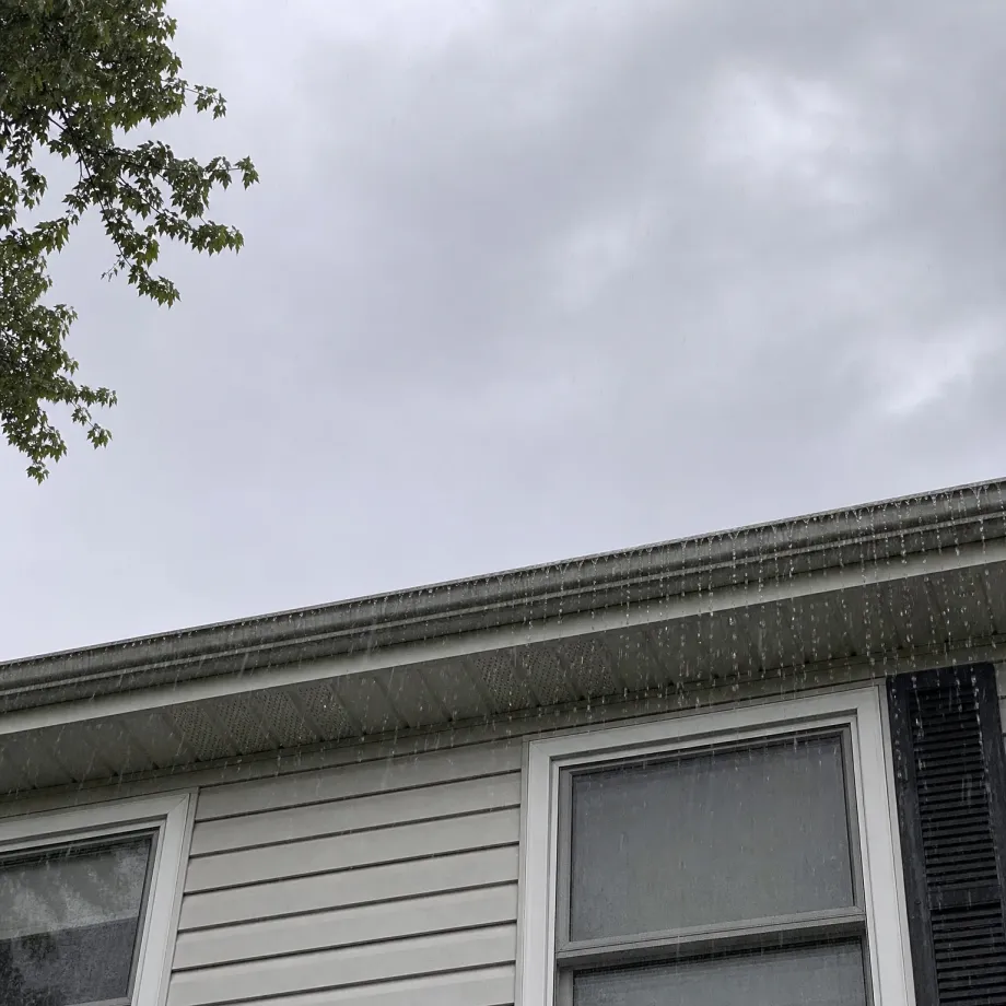 Upward view of the roofline, gutter, and vinyl-sided upper wall with two windows of a house during rainfall under an overcast gray sky, with tree branches in the upper left corner.