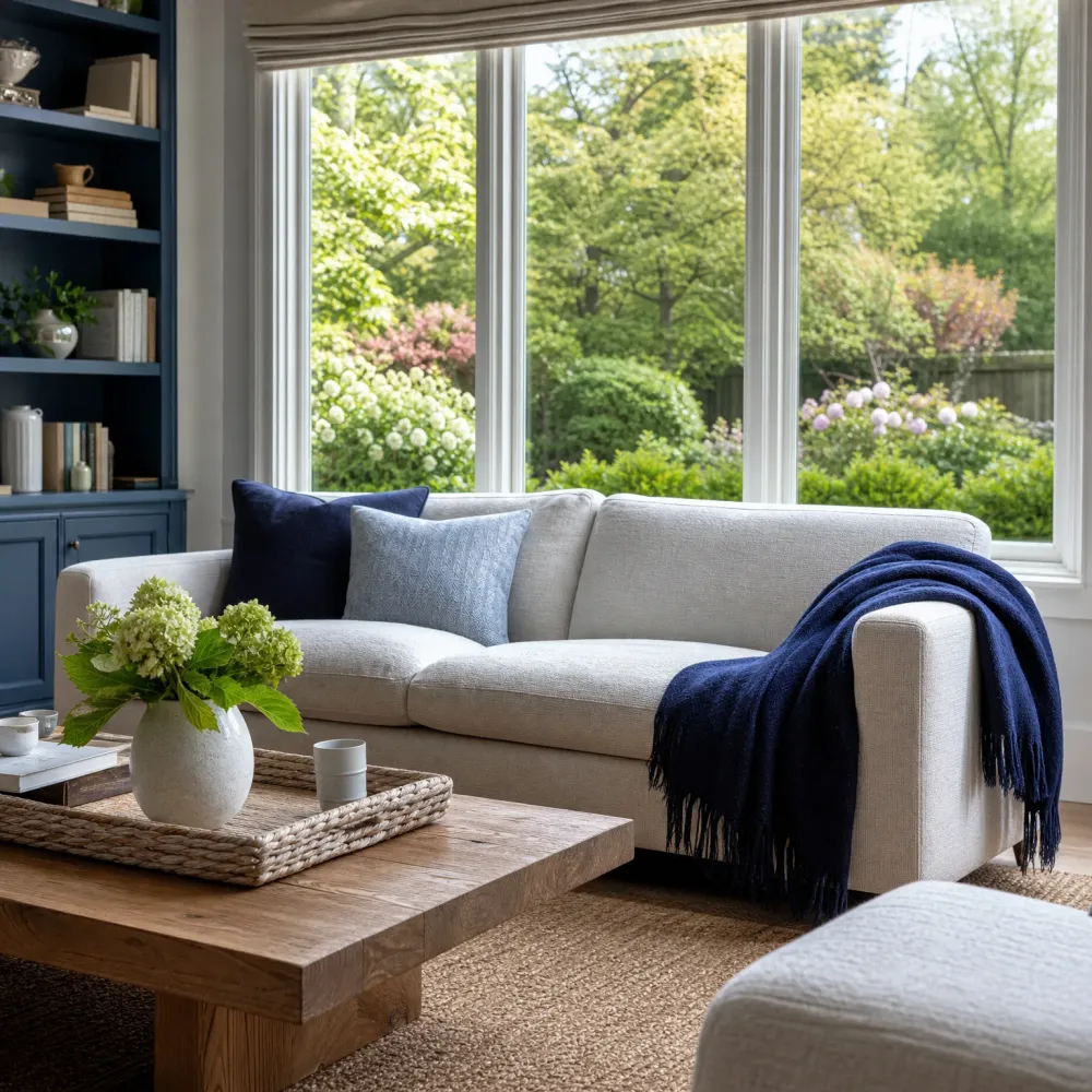 A living room with a light gray sofa holding navy and pale blue pillows and a navy fringed throw, a rustic wood coffee table with a woven tray and hydrangeas in a white vase, a navy built-in bookshelf at left, and large windows showing green trees and flowering shrubs.
