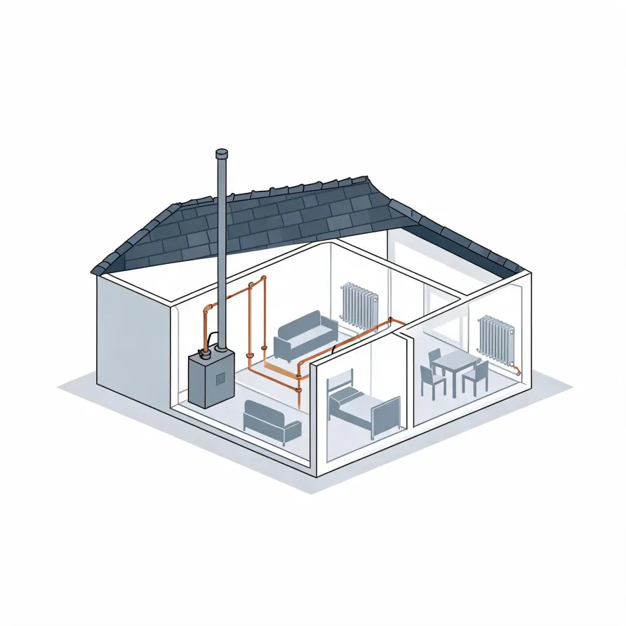Isometric cutaway illustration of a small house showing a boiler with a flue pipe, orange heating pipes running to radiators, and simple furniture in three rooms under a tiled roof.