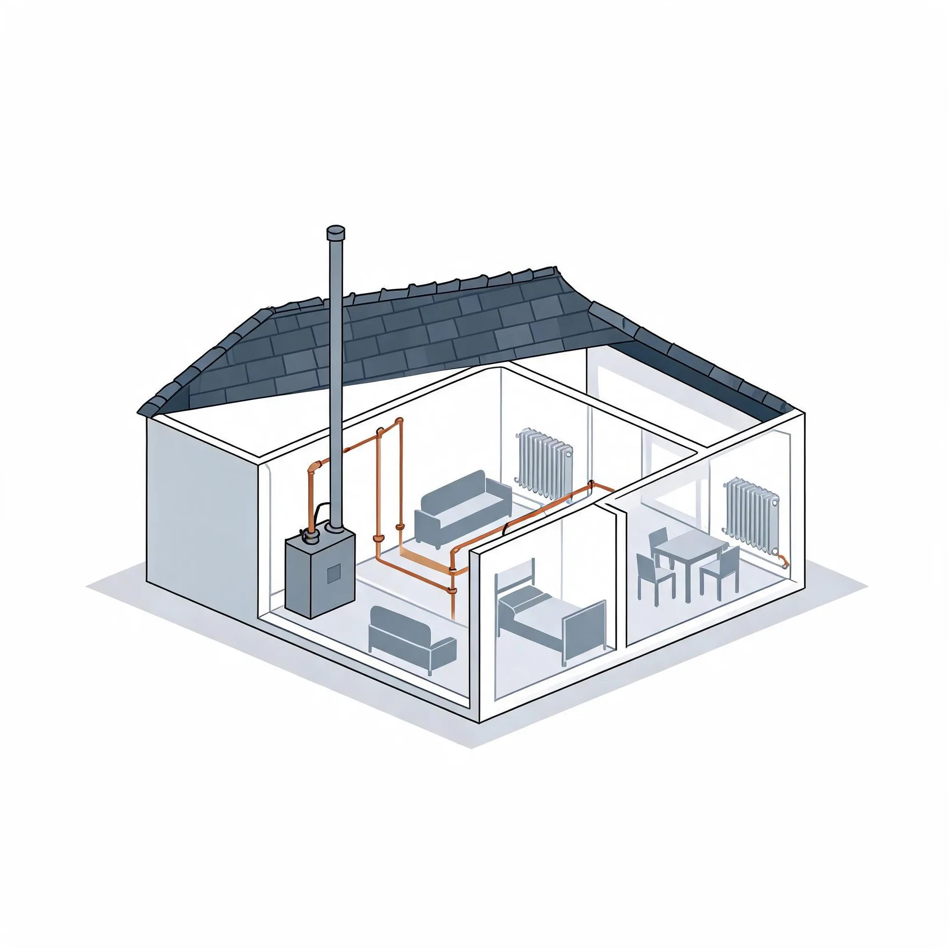 Isometric cutaway illustration of a small house showing a boiler with a flue pipe, orange heating pipes running to radiators, and simple furniture in three rooms under a tiled roof.