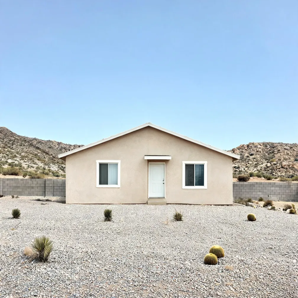 A small single-story beige stucco house with a gabled roof, white front door and two sliding windows, set on a gravel lot with barrel cacti and yucca, a concrete block wall and rocky hills behind it under a clear sky.