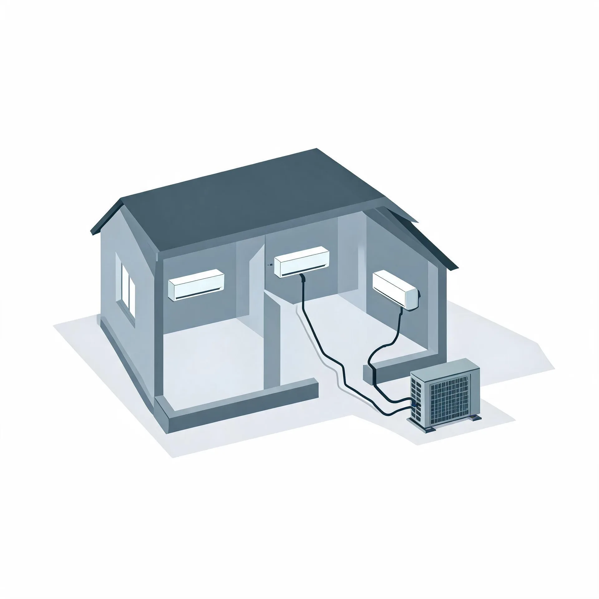 Isometric illustration of a cutaway single-story house with three wall-mounted indoor air conditioning units connected by lines to an outdoor condenser unit on the ground outside.