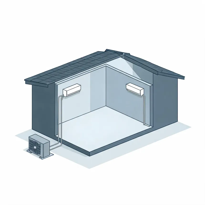 Cutaway isometric illustration of a small building interior showing two wall-mounted indoor air conditioning units connected by line sets running down to a single outdoor condenser unit on the ground outside.