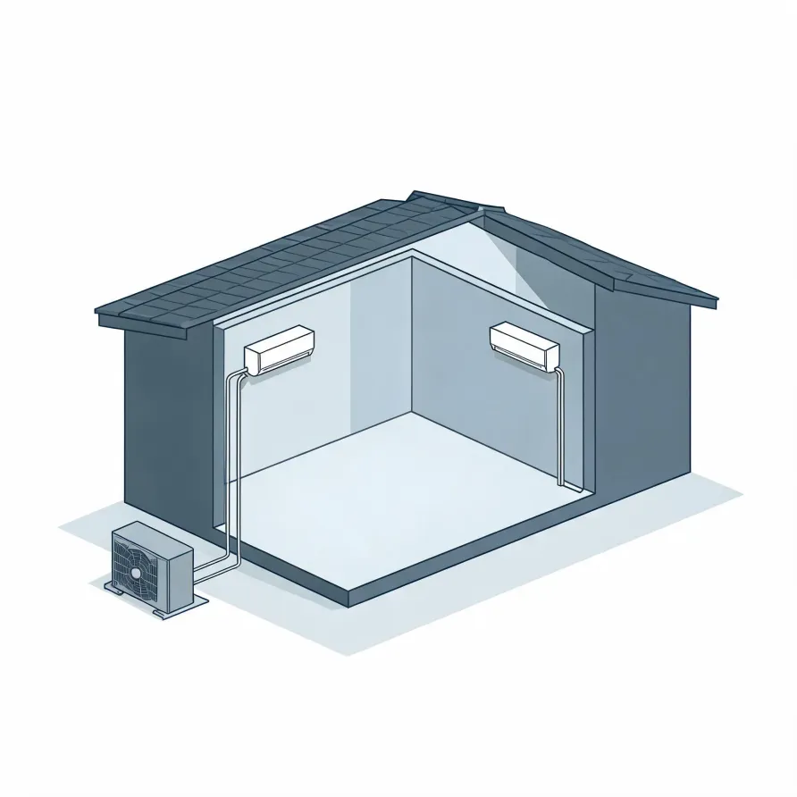 Cutaway isometric illustration of a small building interior showing two wall-mounted indoor air conditioning units connected by line sets running down to a single outdoor condenser unit on the ground outside.