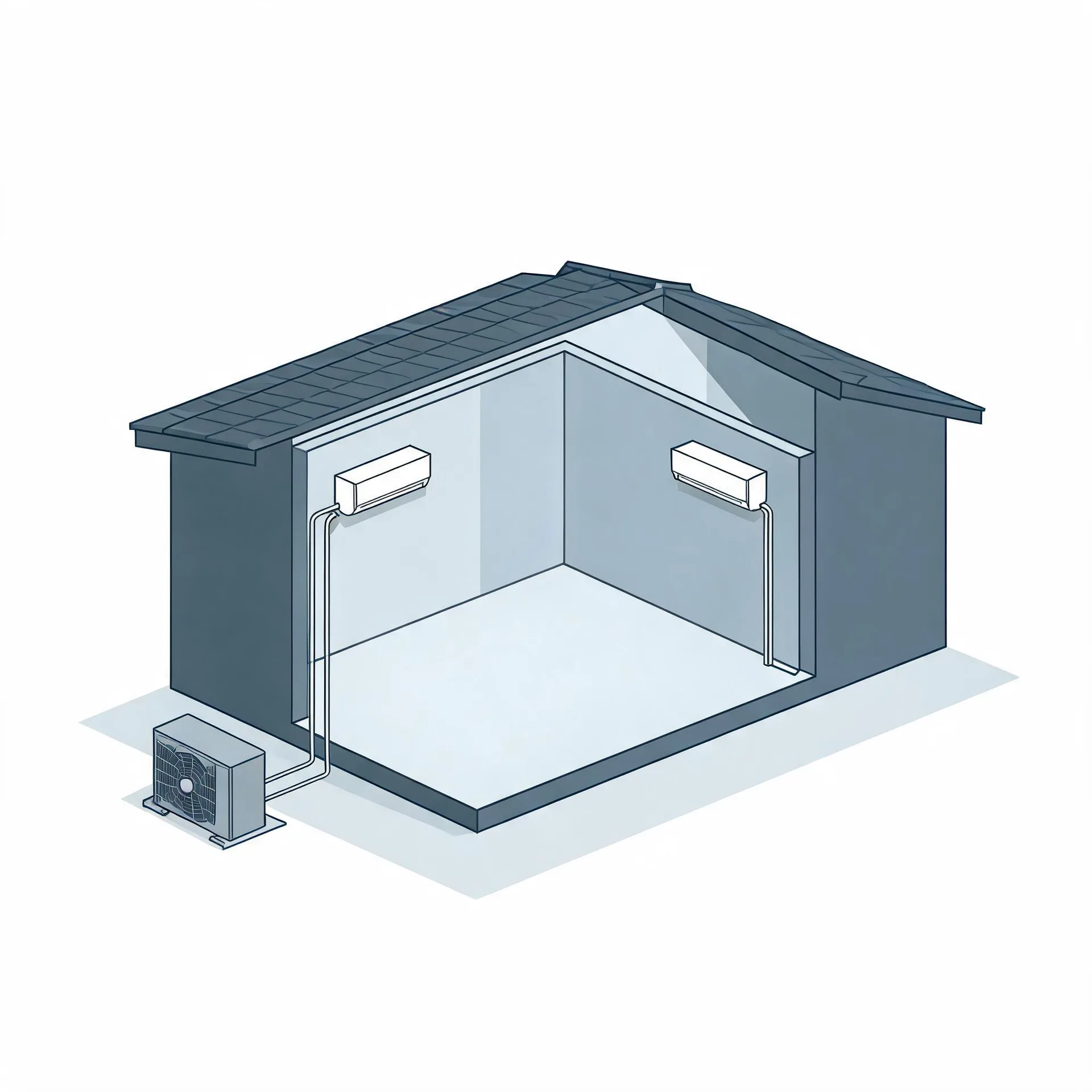 Cutaway isometric illustration of a small building interior showing two wall-mounted indoor air conditioning units connected by line sets running down to a single outdoor condenser unit on the ground outside.