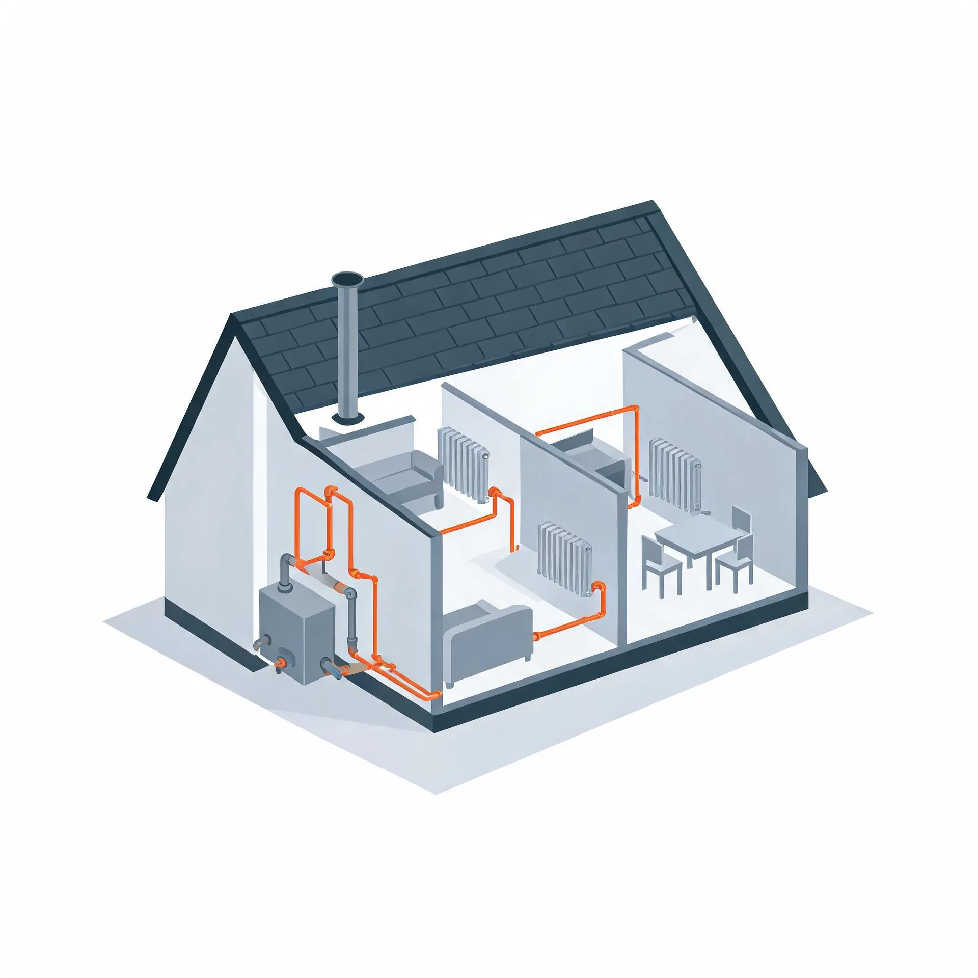 Isometric cutaway illustration of a house showing a boiler with flue connected by orange pipes to radiators in several rooms with simple furniture.