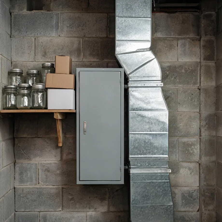 A concrete block basement wall with galvanized sheet-metal ductwork running vertically, a gray metal cabinet, and a wooden shelf holding glass jars and cardboard boxes.