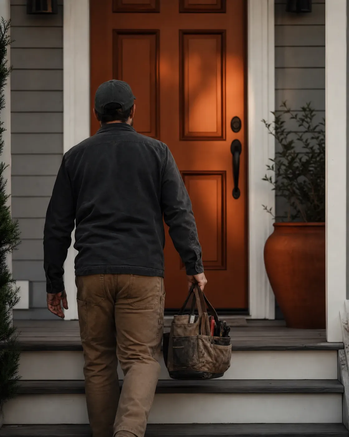 A man in a dark cap and jacket and tan work pants, seen from behind, climbs porch steps toward an orange-brown front door while carrying a worn canvas tool bag.