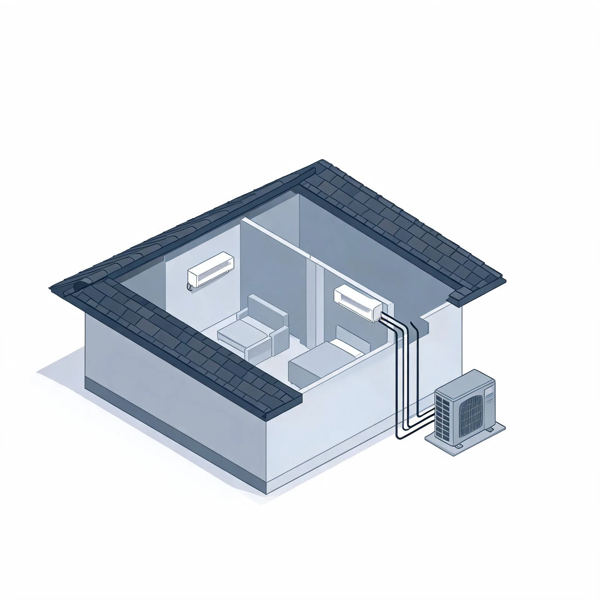 Isometric illustration of a cutaway house with tiled roof showing two wall-mounted indoor mini-split units connected by line sets to an outdoor condenser beside the building.