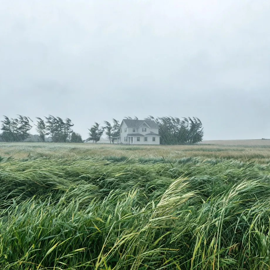 A white two-story house with a gray roof stands behind a row of wind-bent trees at the edge of a large field of tall grass blown sideways under an overcast, rainy sky.