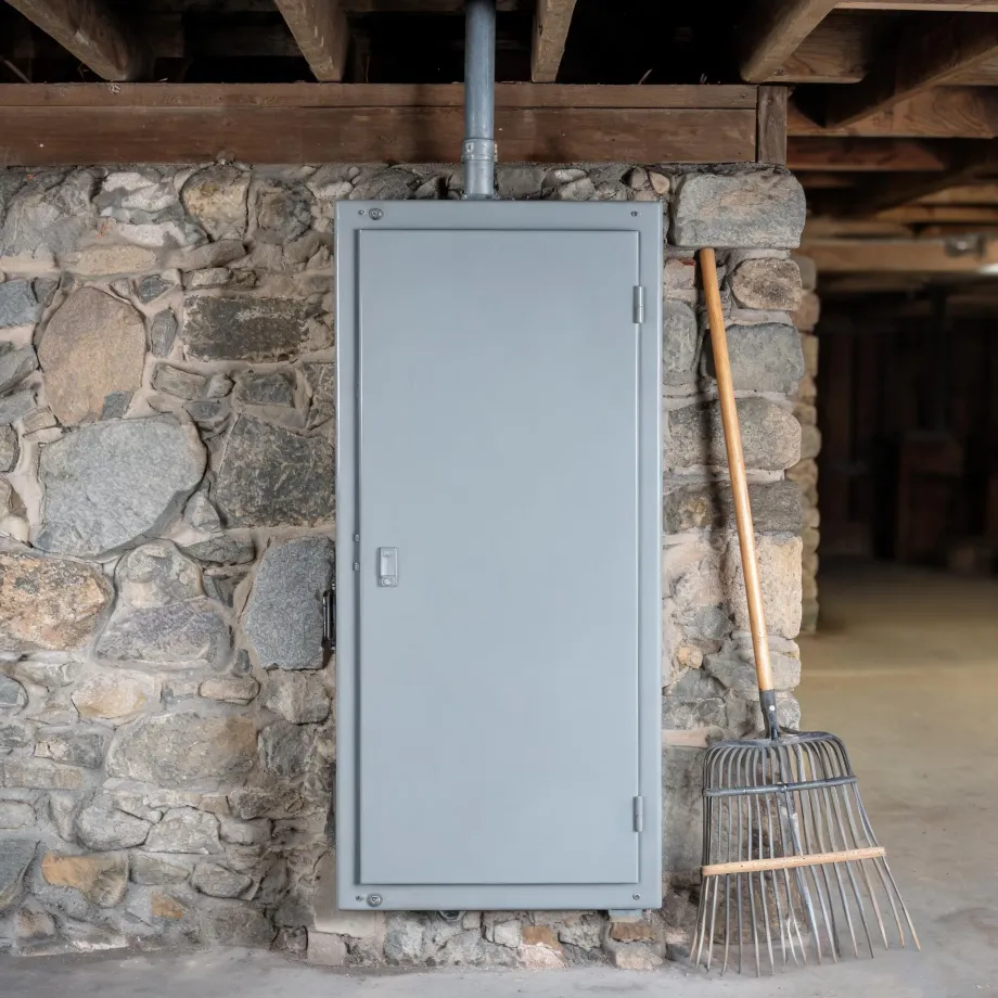A gray metal electrical panel enclosure mounted on a stone basement wall beneath wooden beams, with a conduit running up from its top and a wooden-handled pitchfork leaning against the wall to the right.