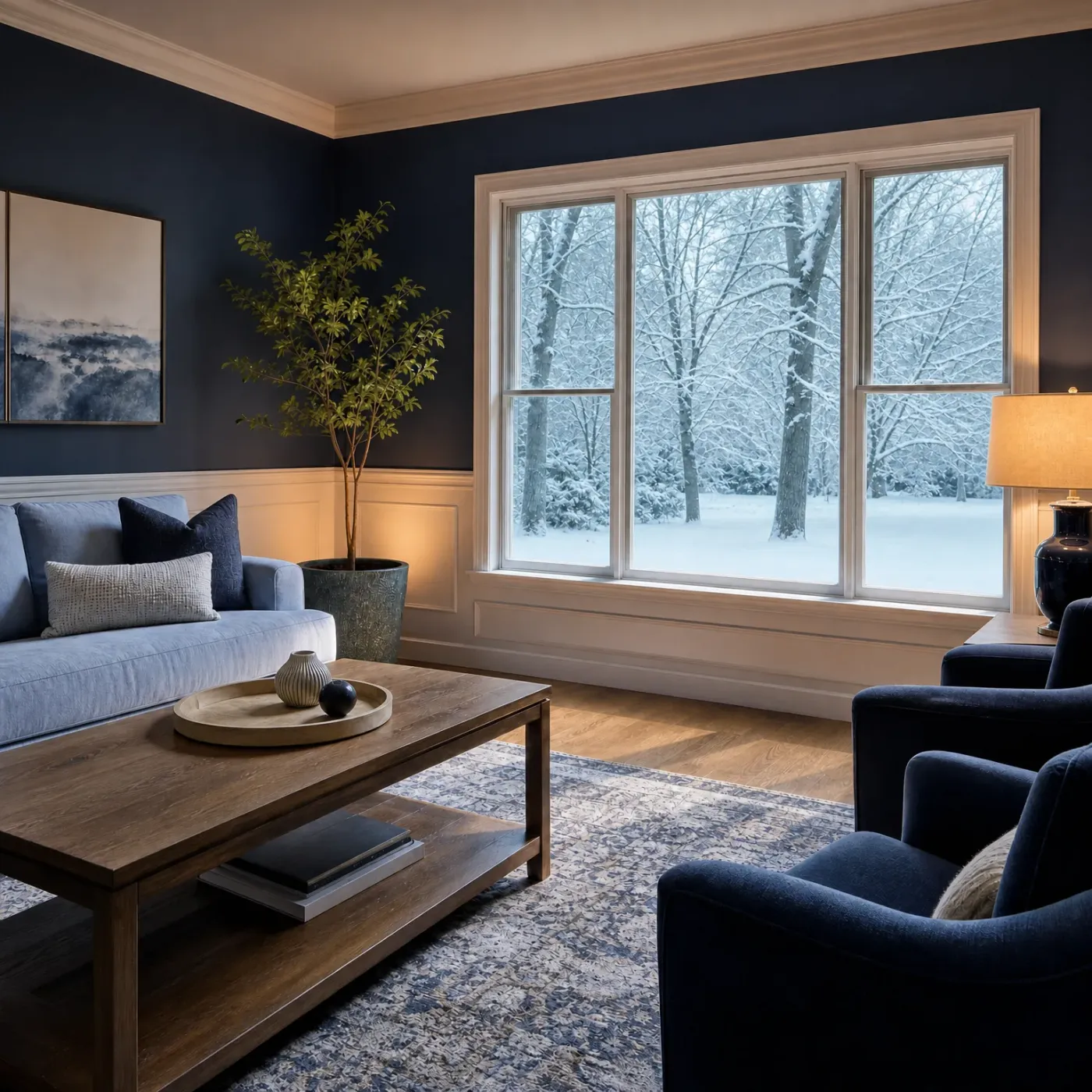 A navy-walled living room with a light blue sofa, wooden coffee table, dark blue armchairs and a lit table lamp, facing a large multi-pane window showing snow-covered trees and ground outside.