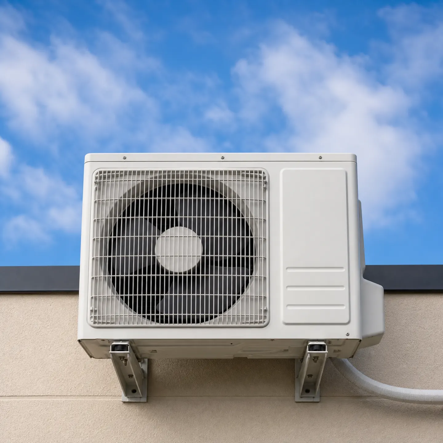 A white mini-split air conditioner outdoor condenser unit mounted on metal brackets against a beige stucco exterior wall, with a blue sky and scattered clouds in the background.