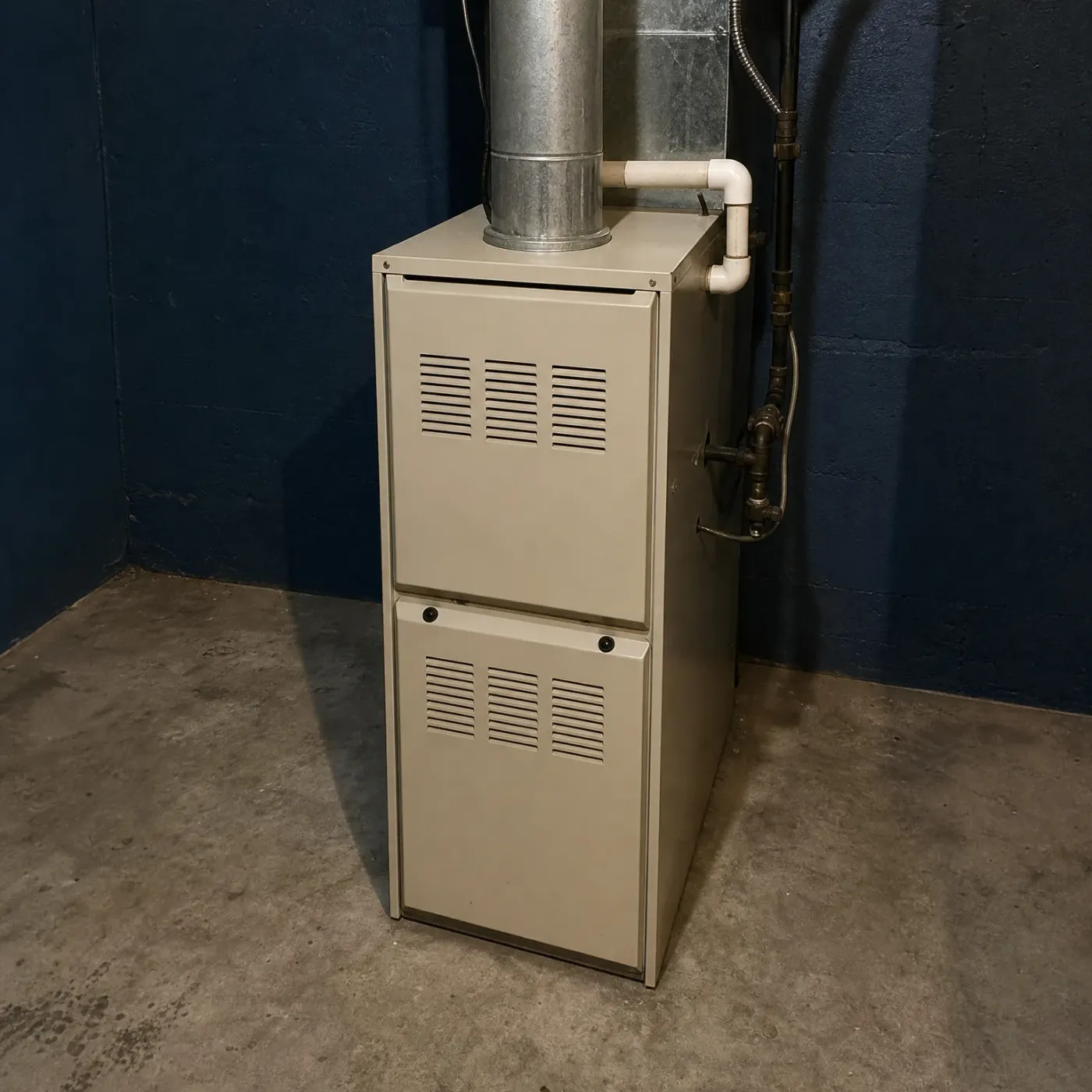 A beige residential furnace with two louvered access panels stands on a concrete floor against a dark blue painted block wall, with a metal flue duct, gas piping, and white PVC pipe above and beside it.