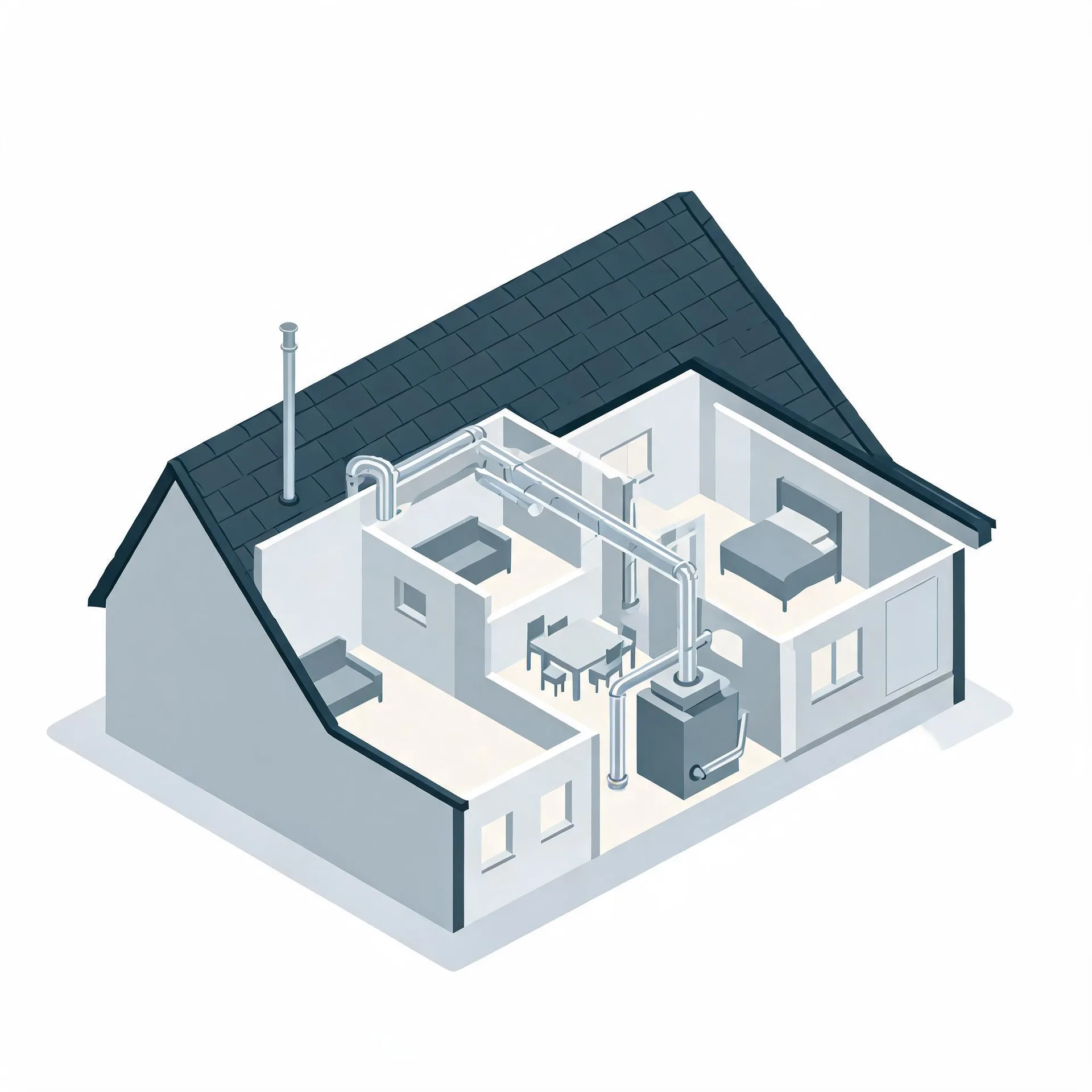 Isometric cutaway illustration of a single-story house with a dark shingled roof, showing interior rooms with furniture and a ducted furnace unit connected to metal ductwork and a roof flue.