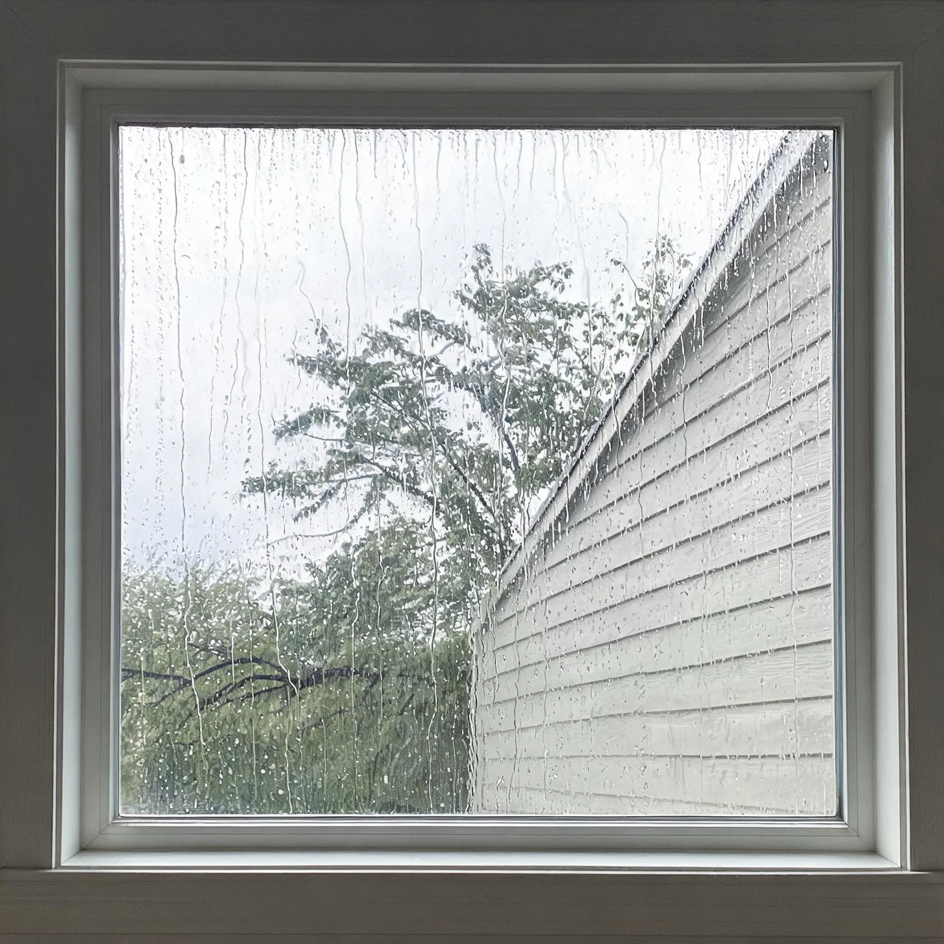 View through a rain-streaked square window in a gray-framed wall, showing a light-colored horizontal lap-siding wall of an adjacent building on the right and green trees and shrubs under an overcast sky on the left.