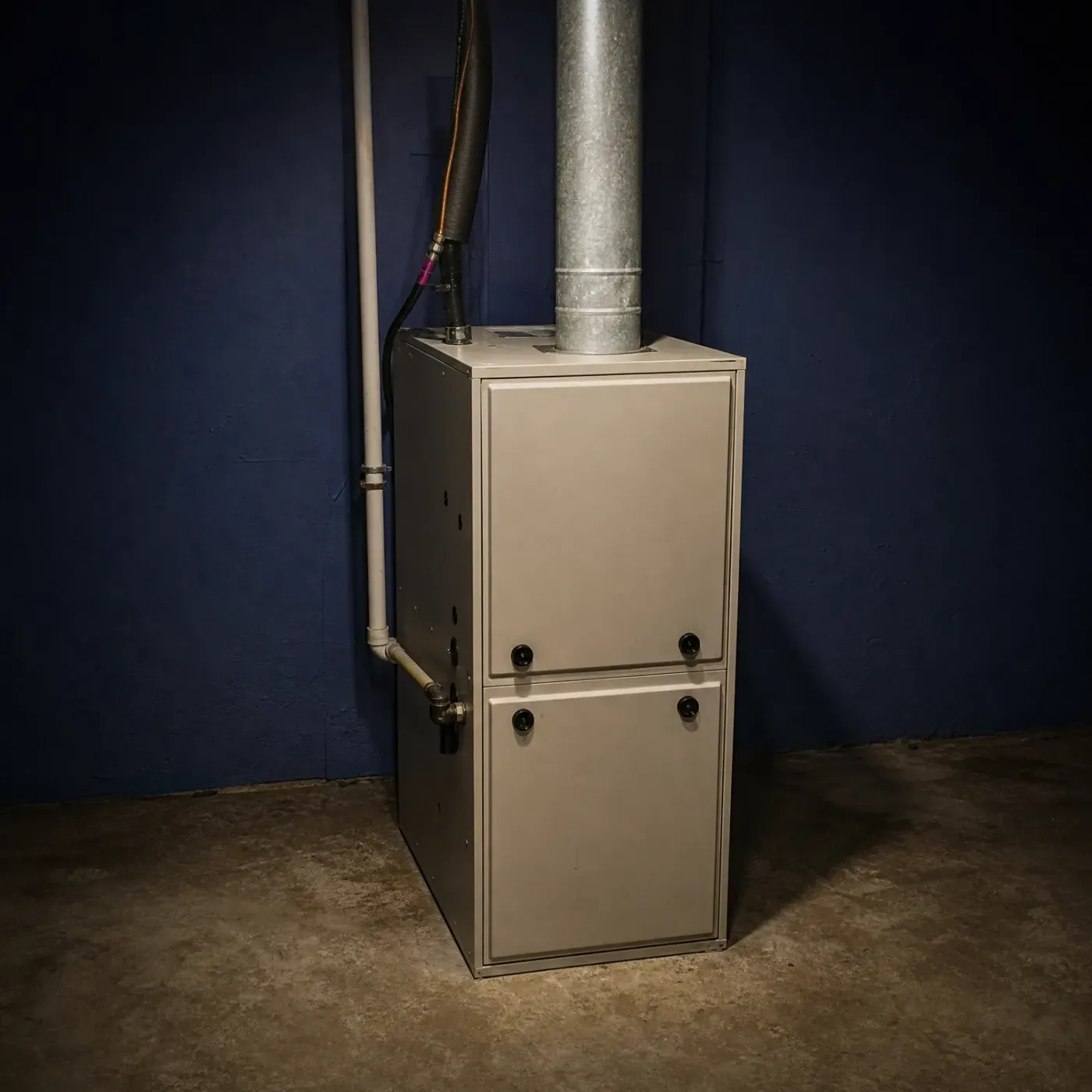 A beige furnace cabinet stands against a dark blue wall on a concrete floor, with a galvanized metal flue pipe rising from its top and white and insulated pipes running down the wall beside it.