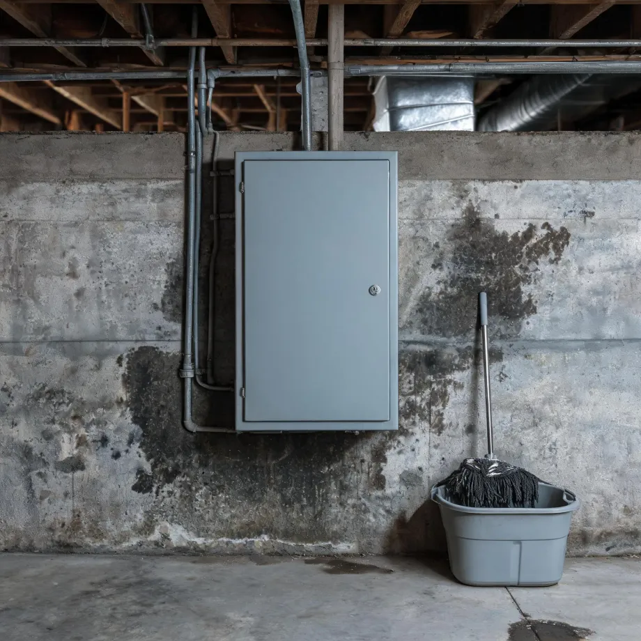 A gray metal electrical panel box mounted on a stained concrete basement wall, with conduit and ducting along the wood joist ceiling above and a mop in a gray bucket on the floor at right.