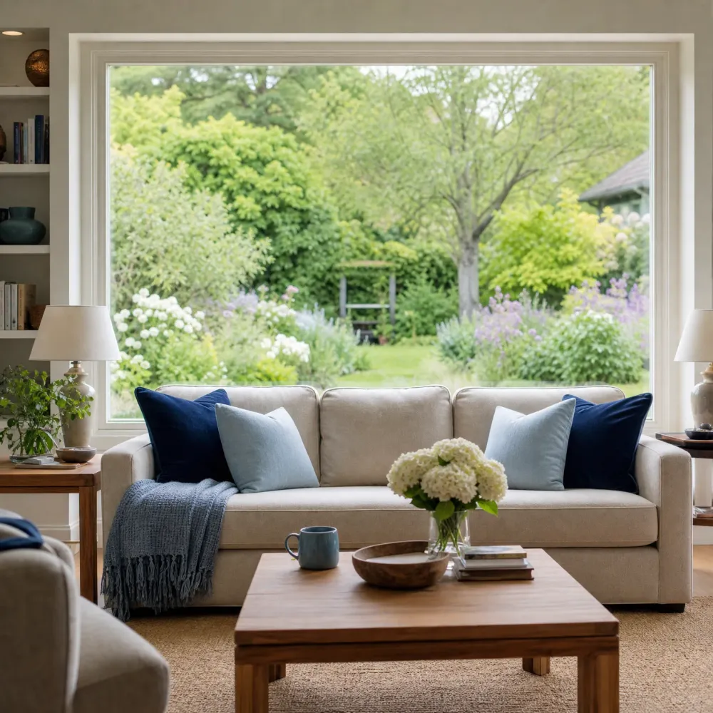 A living room with a beige sofa holding navy and light blue cushions and a blue throw, a wooden coffee table with a mug, bowl, books and white hydrangeas, flanked by table lamps and a bookshelf, in front of a large window overlooking a green garden.