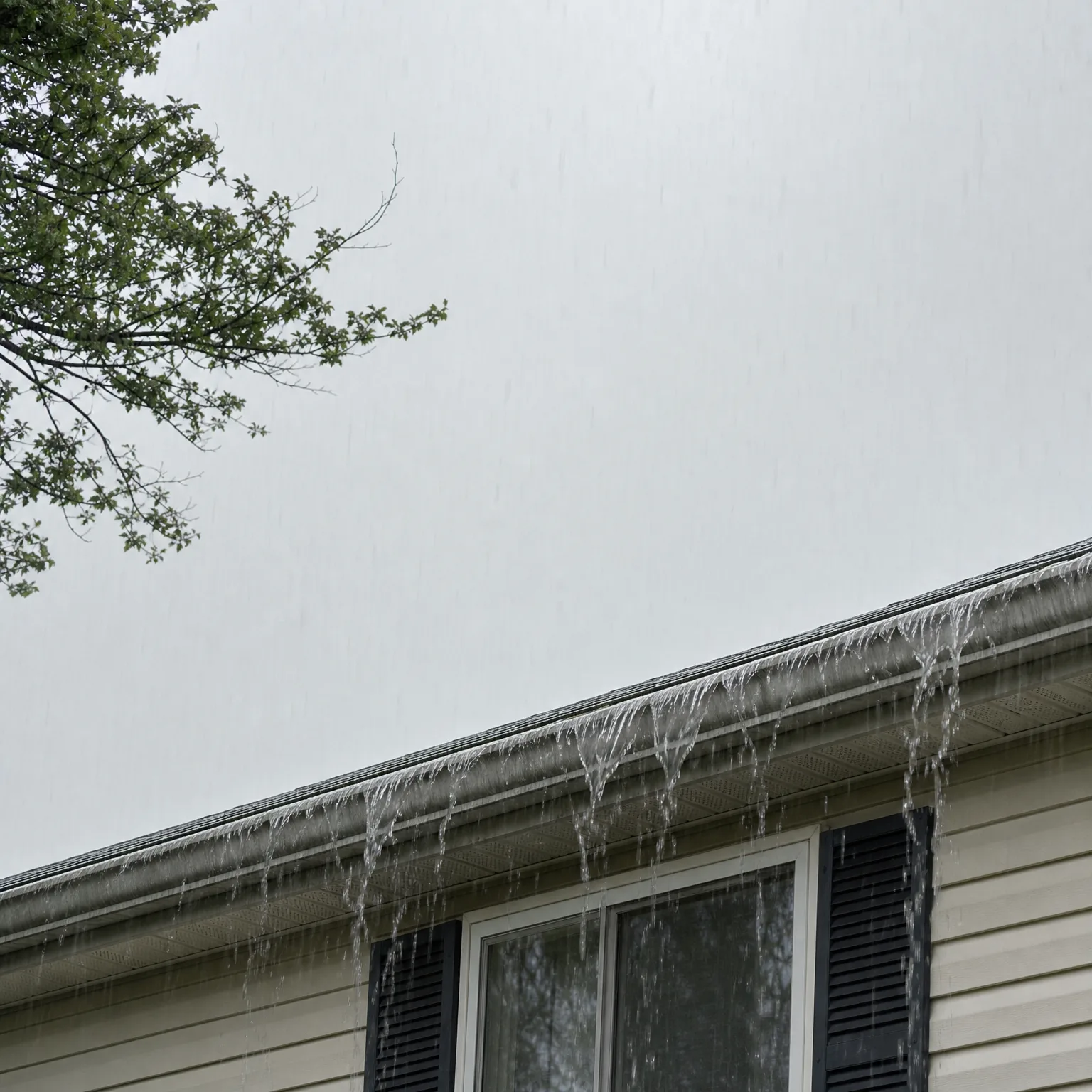 Rainwater overflowing in sheets from the gutter along the roof edge of a house with light vinyl siding and dark shutters, under an overcast sky with a leafy tree branch at upper left.