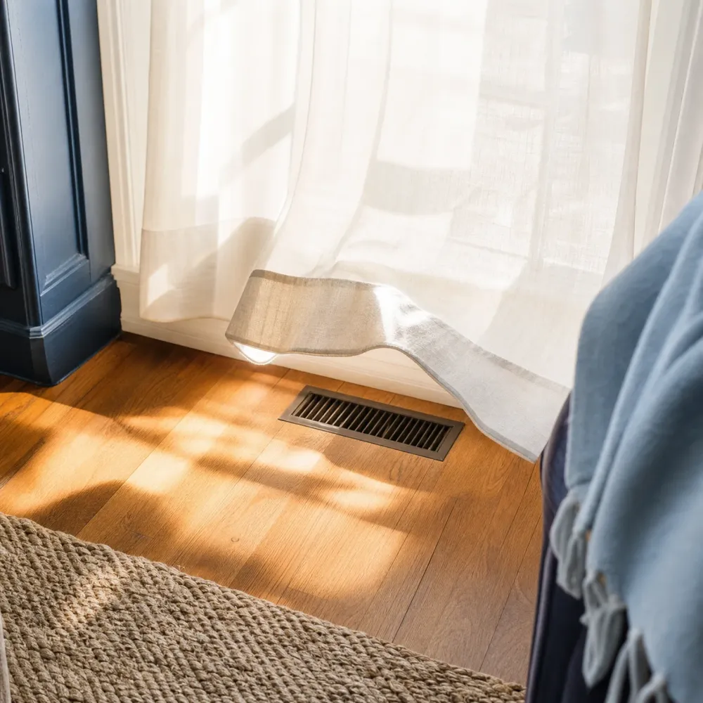 A bronze-toned floor register vent set in a hardwood floor near a white baseboard, with a sheer curtain lifting above it, a woven jute rug in the foreground and a blue throw at right.