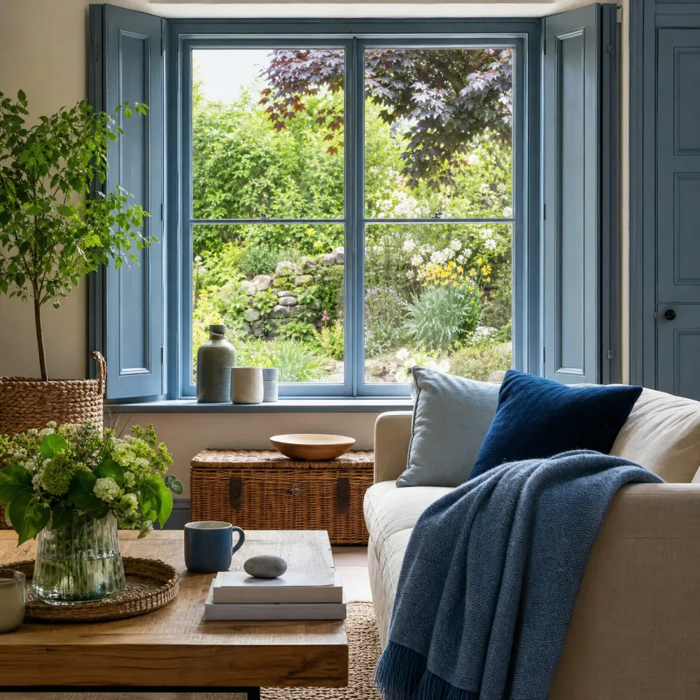 A living room with blue interior shutters framing a window overlooking a green garden, a cream sofa with blue cushions and a blue knitted throw, a wicker trunk, and a wooden coffee table holding a vase of white flowers, a blue mug, and stacked books.