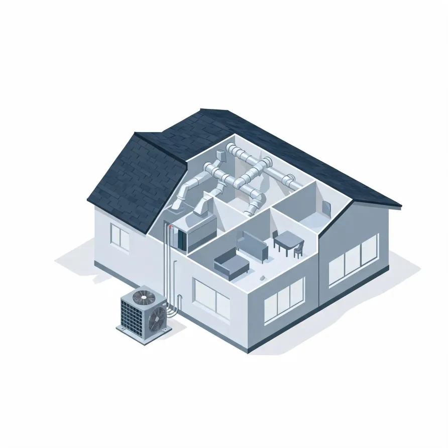 Isometric illustration of a cutaway single-story house showing attic ductwork, an indoor air handler, interior rooms with furniture, and an outdoor condenser unit connected by lines, on a white background.