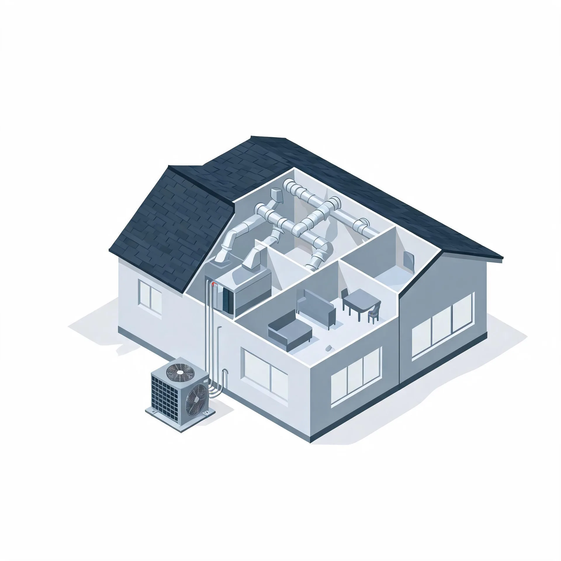 Isometric illustration of a cutaway single-story house showing attic ductwork, an indoor air handler, interior rooms with furniture, and an outdoor condenser unit connected by lines, on a white background.