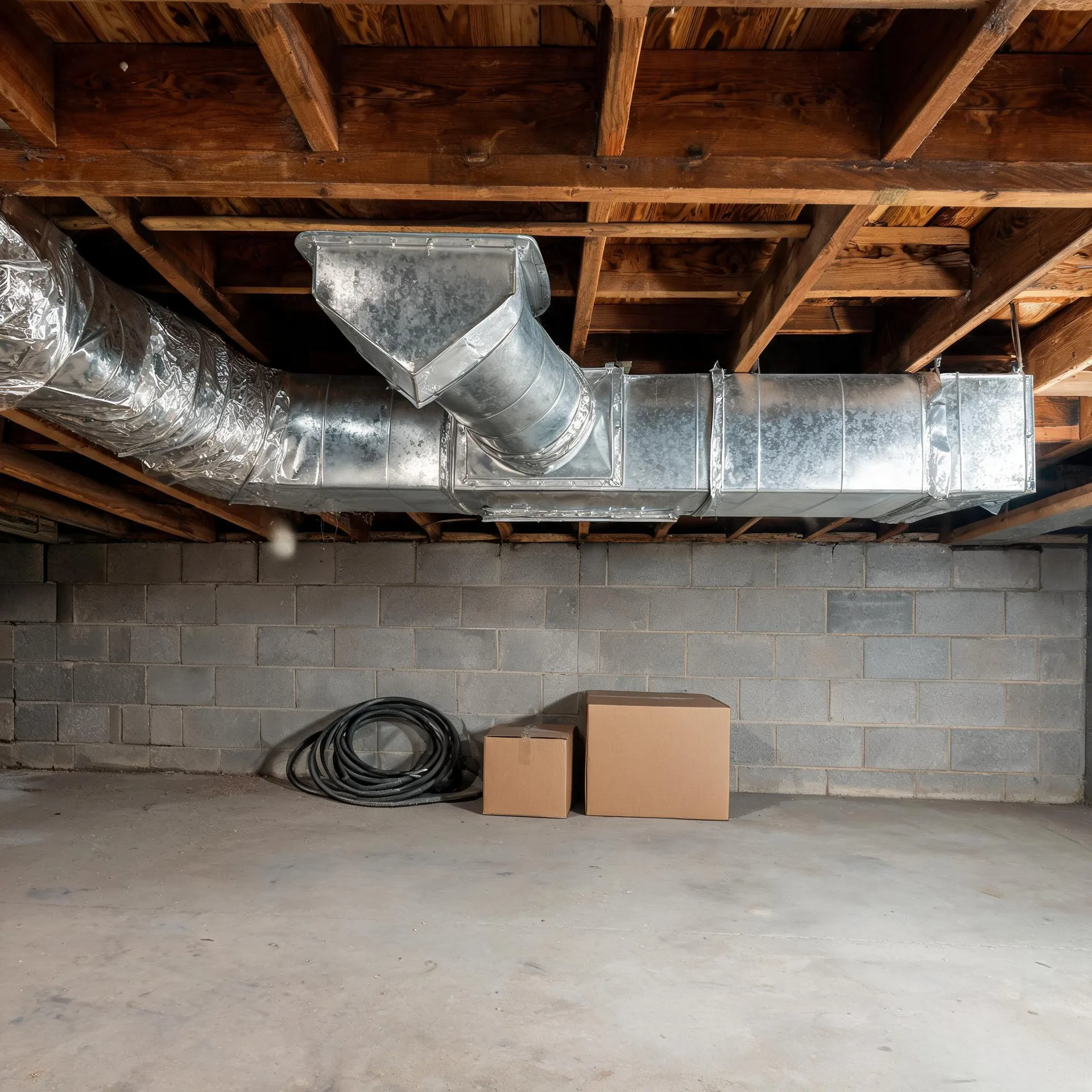 Unfinished basement with concrete block walls and a bare concrete floor, sheet metal and insulated flexible HVAC ducts running beneath wood floor joists, and two cardboard boxes and a coiled black hose against the wall.