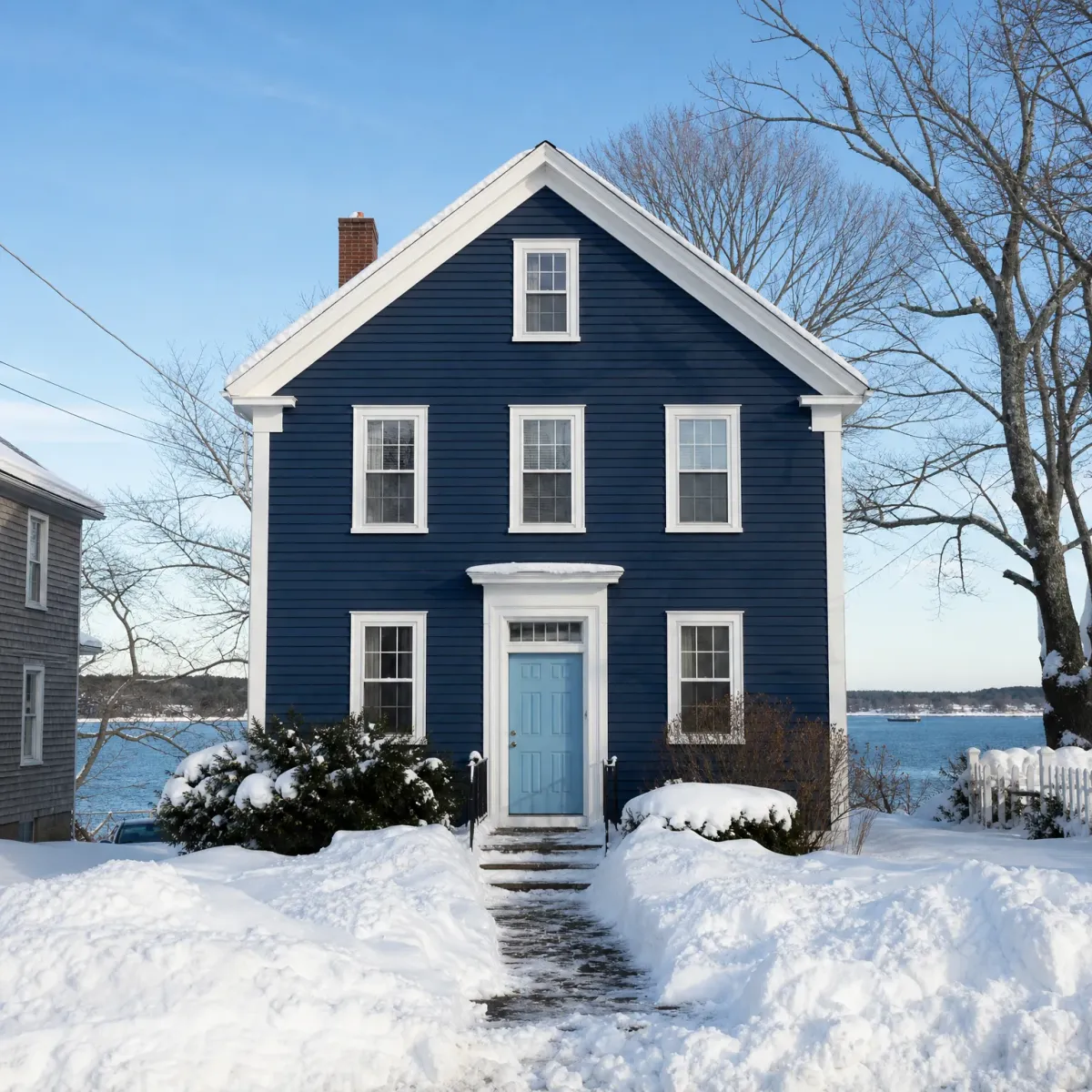 A two-story dark blue clapboard house with white trim and a light blue front door, surrounded by deep snow, with water and a shoreline visible in the background under a clear sky.