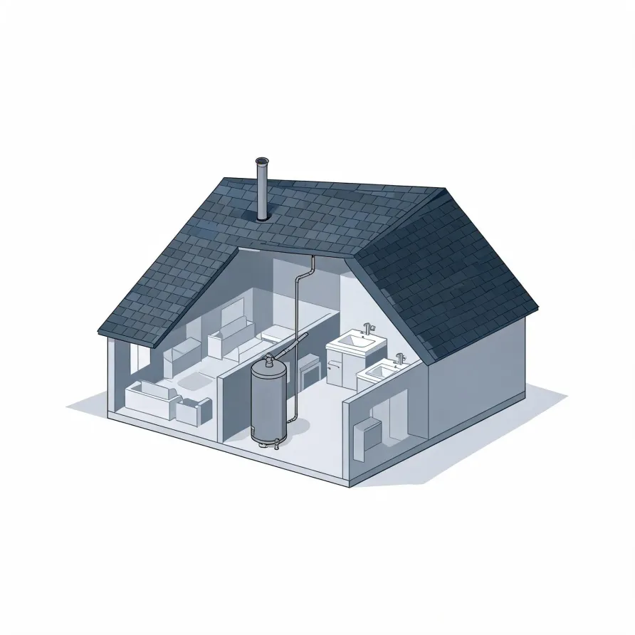 Isometric cutaway illustration of a gray house with a shingled gable roof, showing interior rooms with furniture, sinks, and a cylindrical water heater connected to a flue pipe rising through the roof.