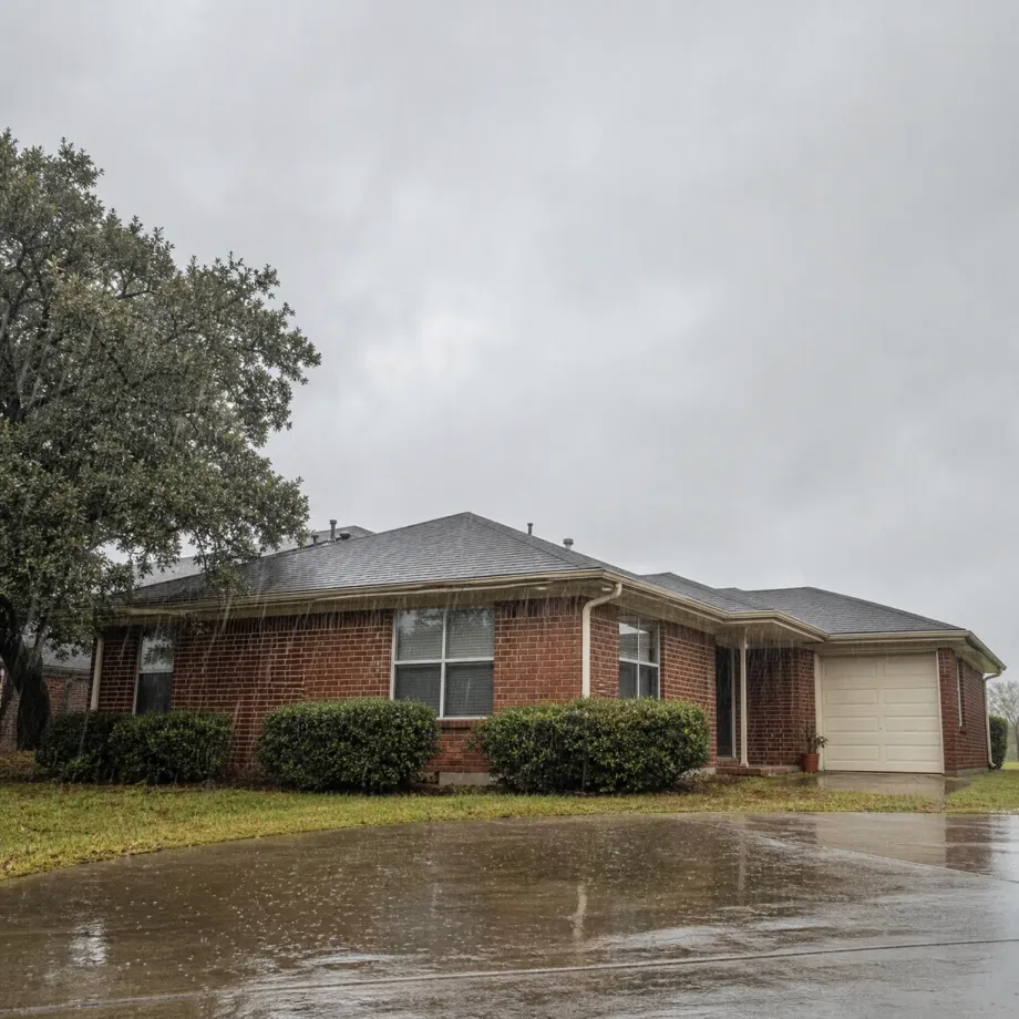 A single-story red brick house with a gray shingled roof and attached garage, with trimmed shrubs along the front, a large tree at left, and a wet driveway under an overcast sky during rain.