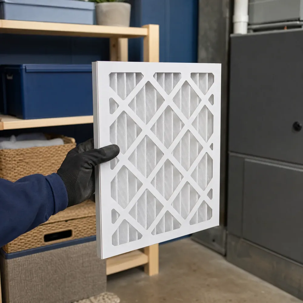 A gloved hand holds a white pleated air filter in front of a gray furnace unit, with wooden shelving and storage bins in the background.