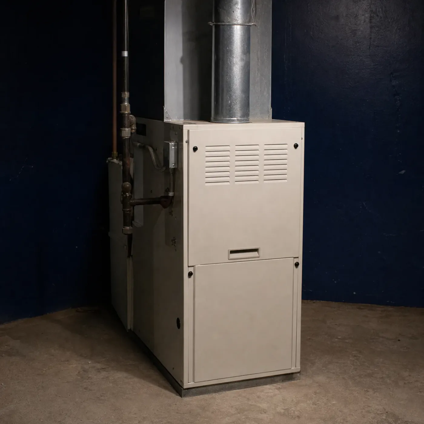 A beige residential furnace with a louvered upper panel stands against a dark blue basement wall, with a metal flue pipe rising from its top and copper and steel pipes running along the left side.