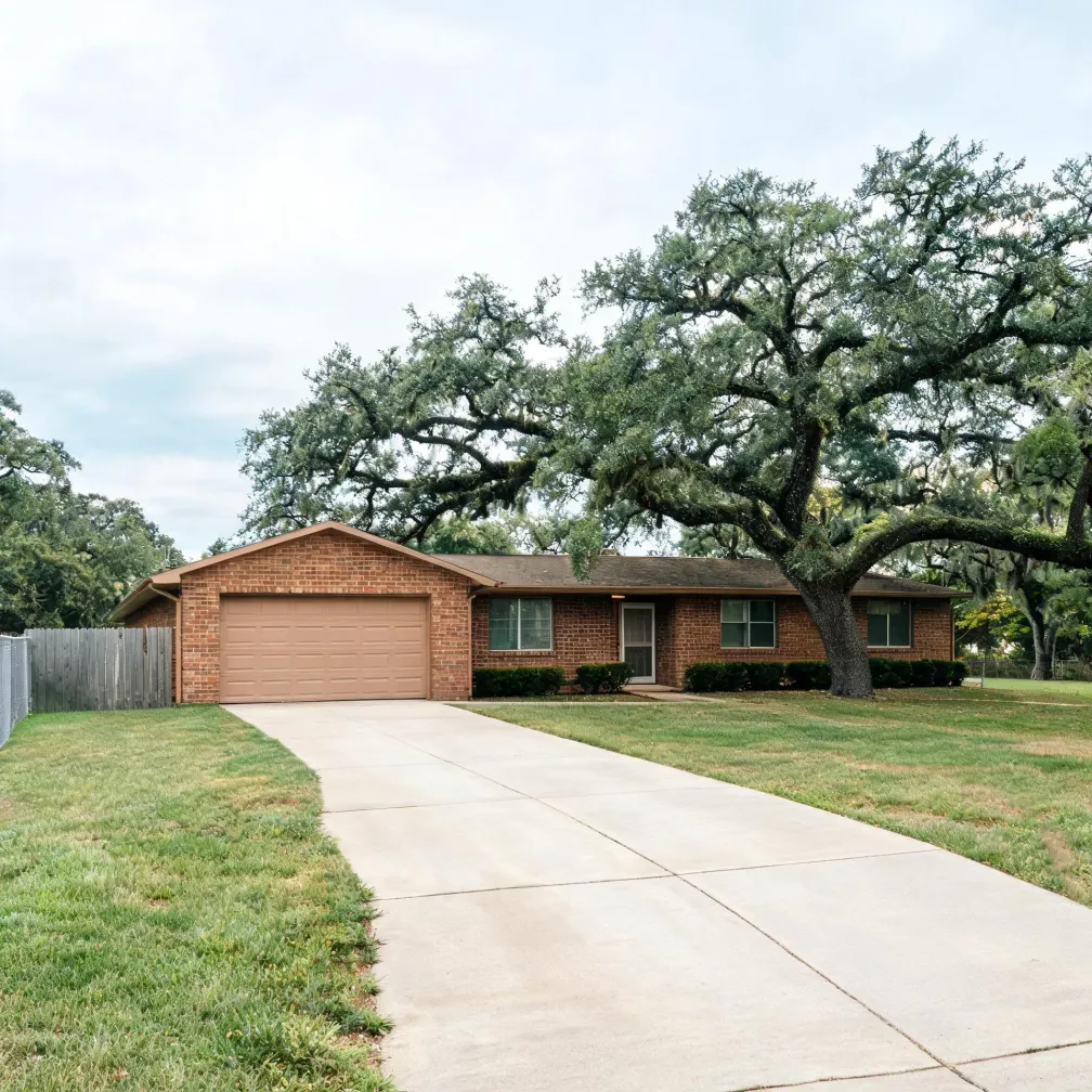 Single-story brick house with an attached two-car garage, a wide concrete driveway, mown lawn, wooden fence at left, and large spreading oak trees behind under an overcast sky.