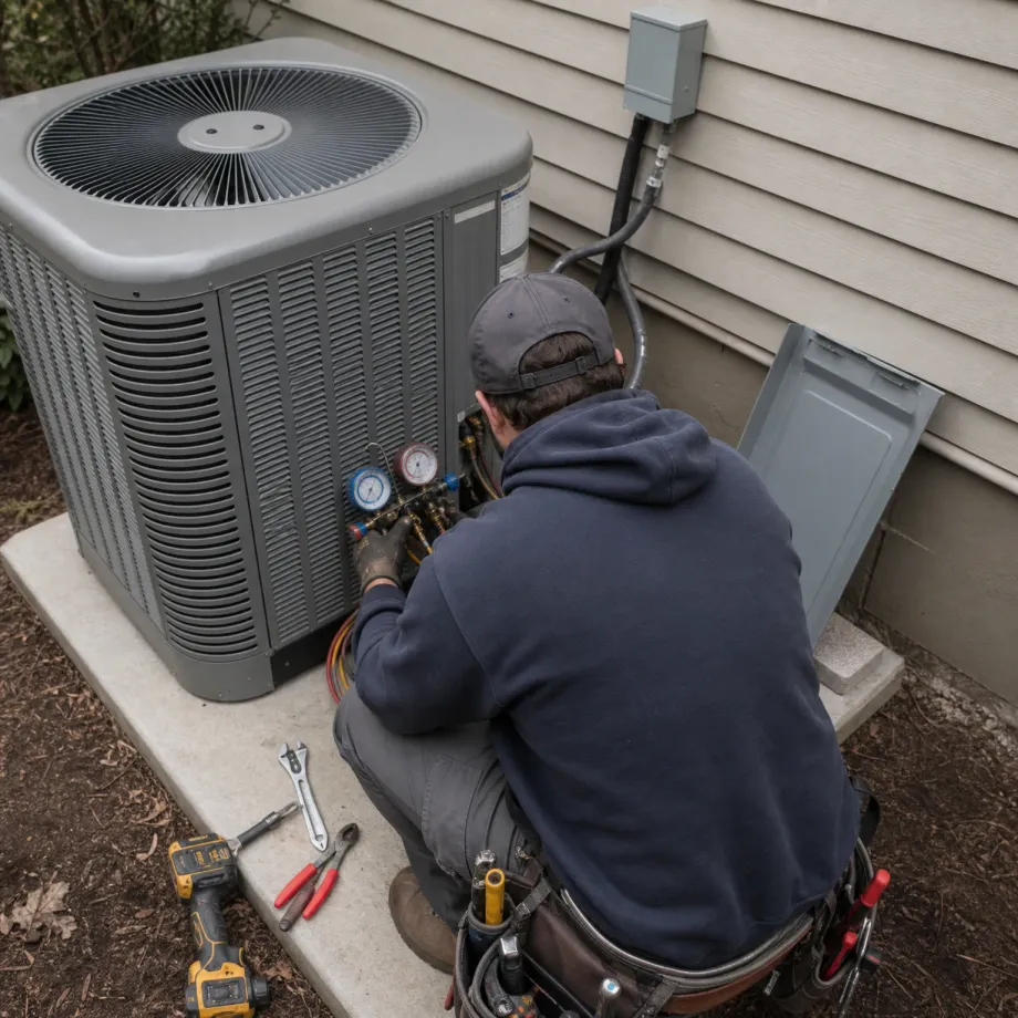 A person in a dark hooded sweatshirt and cap kneels beside an outdoor air conditioning condenser on a concrete pad, using refrigerant manifold gauges, with a cordless drill, wrench and pliers on the pad and an electrical disconnect box on the siding above.