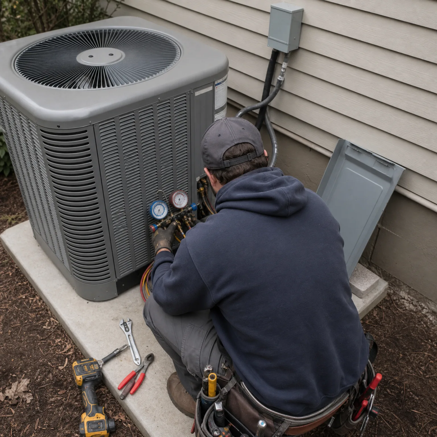 A person in a dark hooded sweatshirt and cap kneels beside an outdoor air conditioning condenser on a concrete pad, using refrigerant manifold gauges, with a cordless drill, wrench and pliers on the pad and an electrical disconnect box on the siding above.