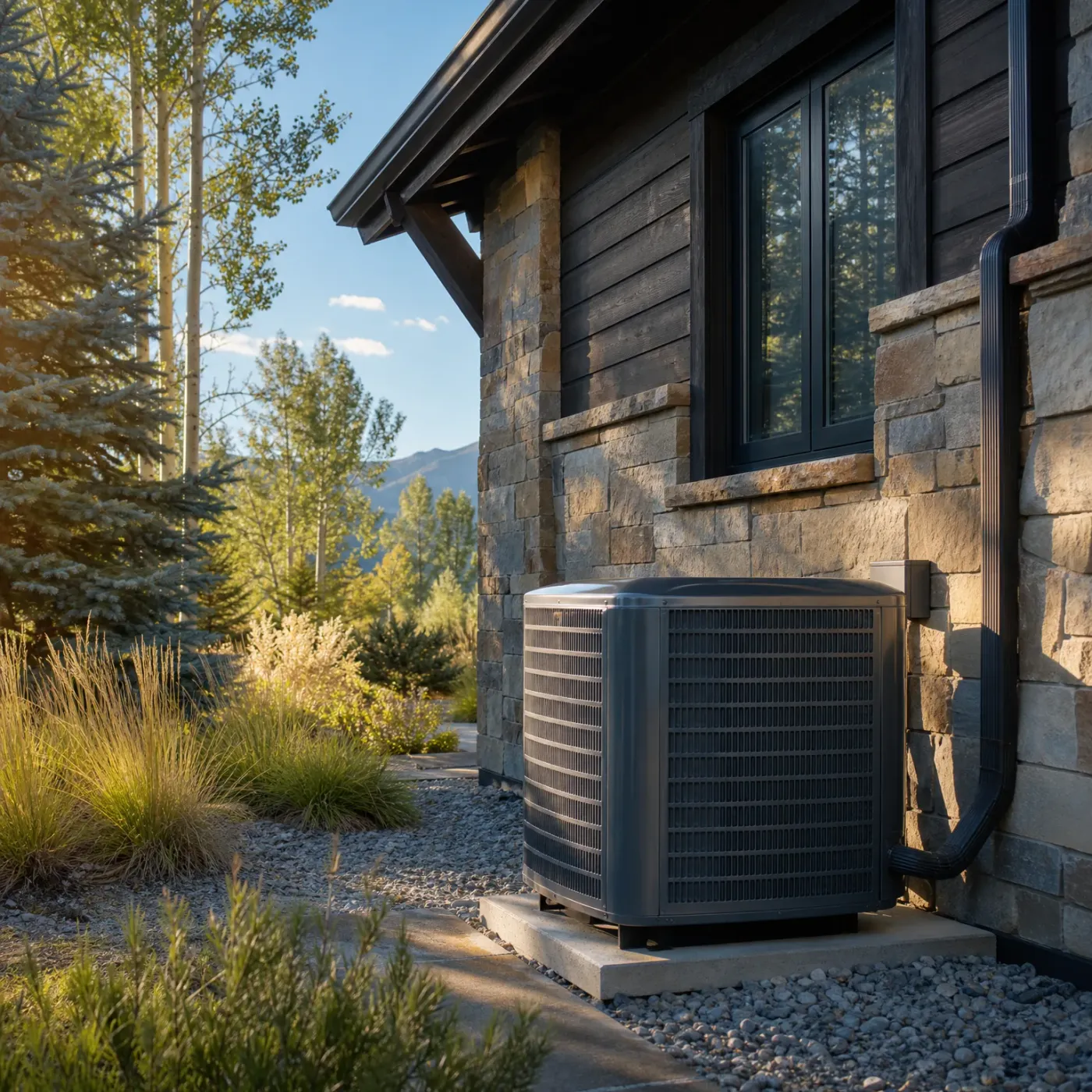 An outdoor air conditioner condenser unit on a concrete pad beside a house with stone veneer and dark wood siding, with gravel, ornamental grasses, trees and distant mountains at left.