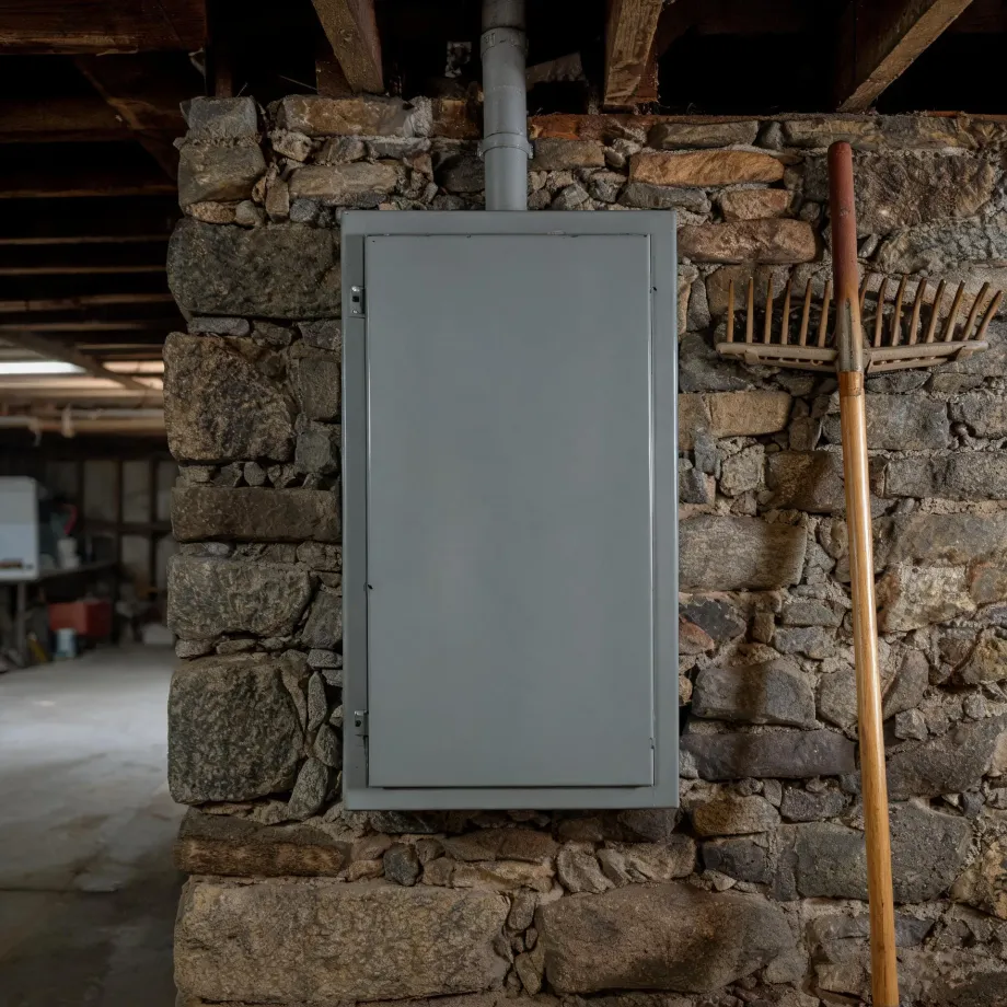 A gray metal electrical panel box mounted on a stone foundation wall in a basement, with a conduit running up to wooden ceiling joists and a wooden-handled rake leaning against the wall at right.