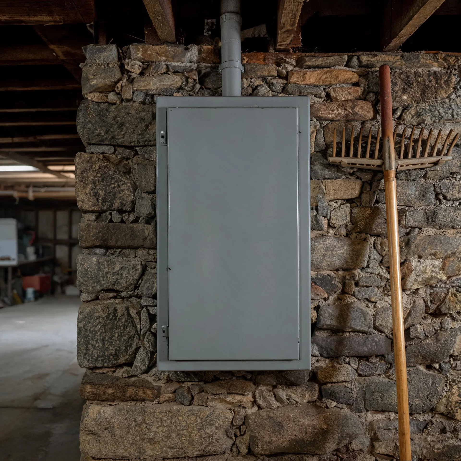 A gray metal electrical panel box mounted on a stone foundation wall in a basement, with a conduit running up to wooden ceiling joists and a wooden-handled rake leaning against the wall at right.