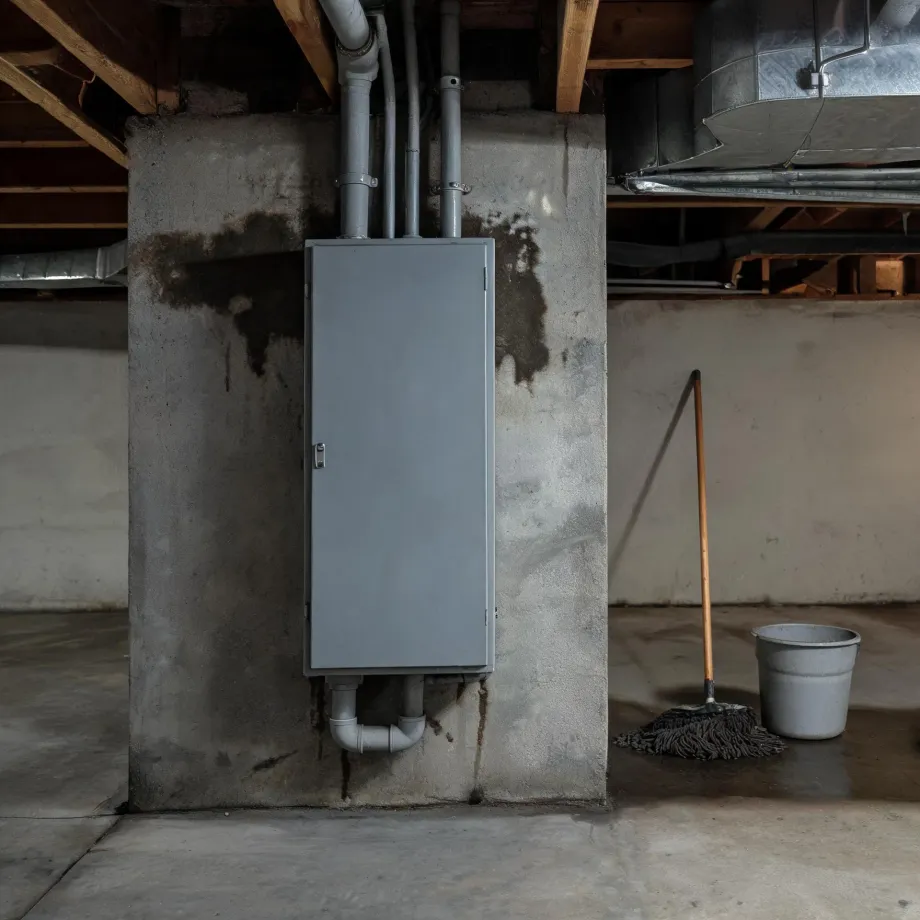 A gray metal electrical panel cabinet mounted on a concrete basement wall with conduit pipes running above and below it, beside a mop leaning against the wall next to a plastic bucket, with exposed floor joists and ductwork overhead.